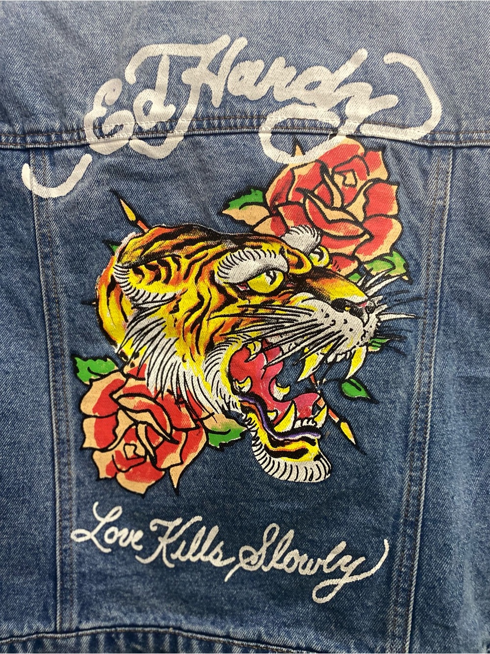 Ed Hardy Blue Denim Jacket with Yellow Tiger and Red Roses - Picture 4 of 5